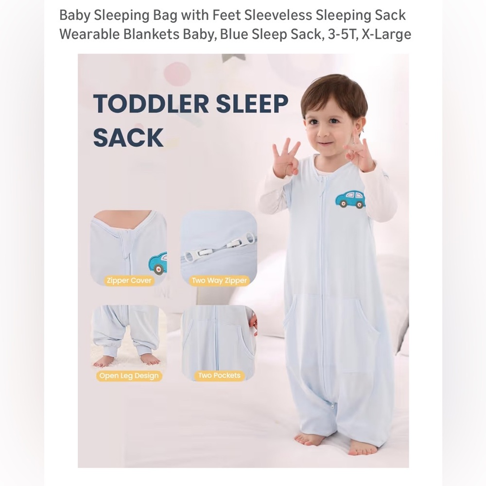 Toddler Sleep Sack - Light Blue Car Zip Front